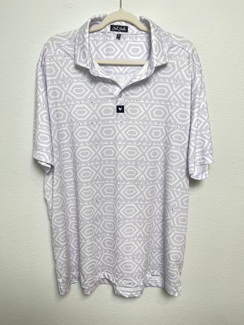 Bad Birdie Golf Polo Shirt Mens 2XL Lavender White Geometric Performance Stretch